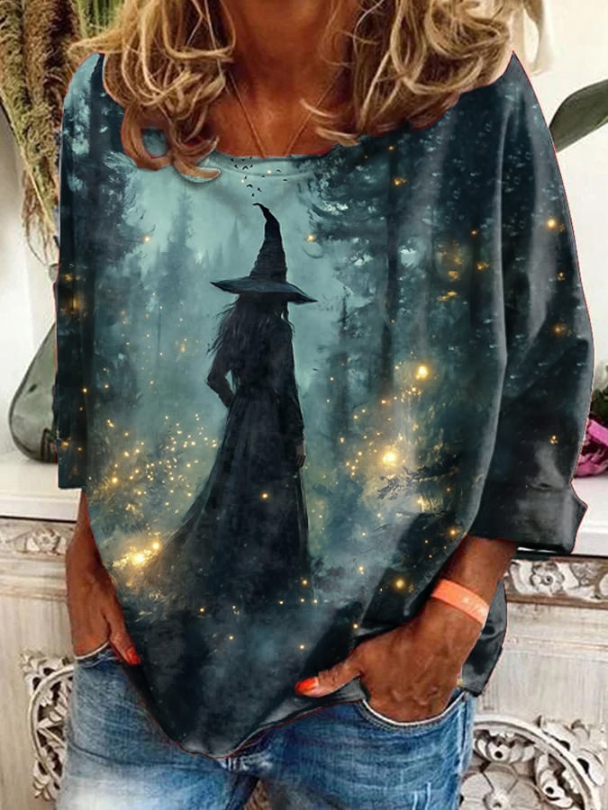 Women's Halloween Darkness Witch  Printed Long Sleeve V-Neck Top
