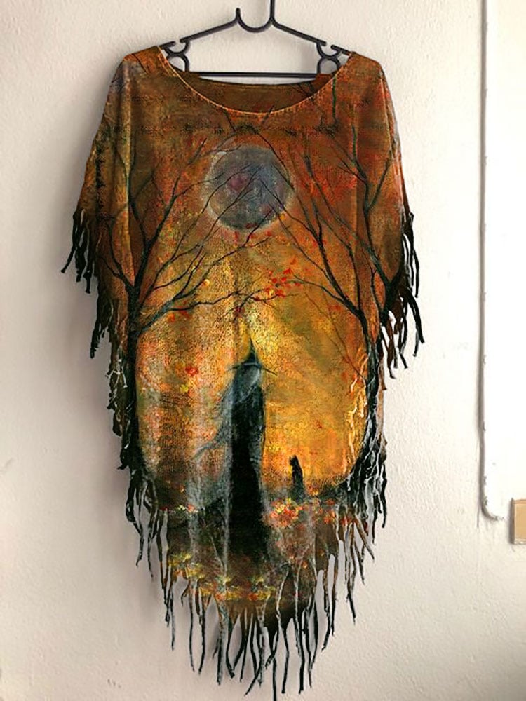 Women's Halloween Darkness Witch Fringed Top