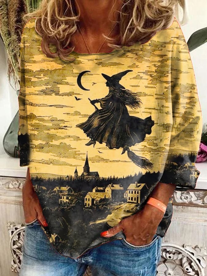 Women's Halloween Darkness Witch  Printed Long Sleeve V-Neck Top